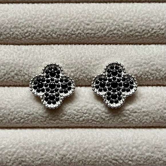 Elegant Silver and Black Stud Earrings - Picture 1 of 7